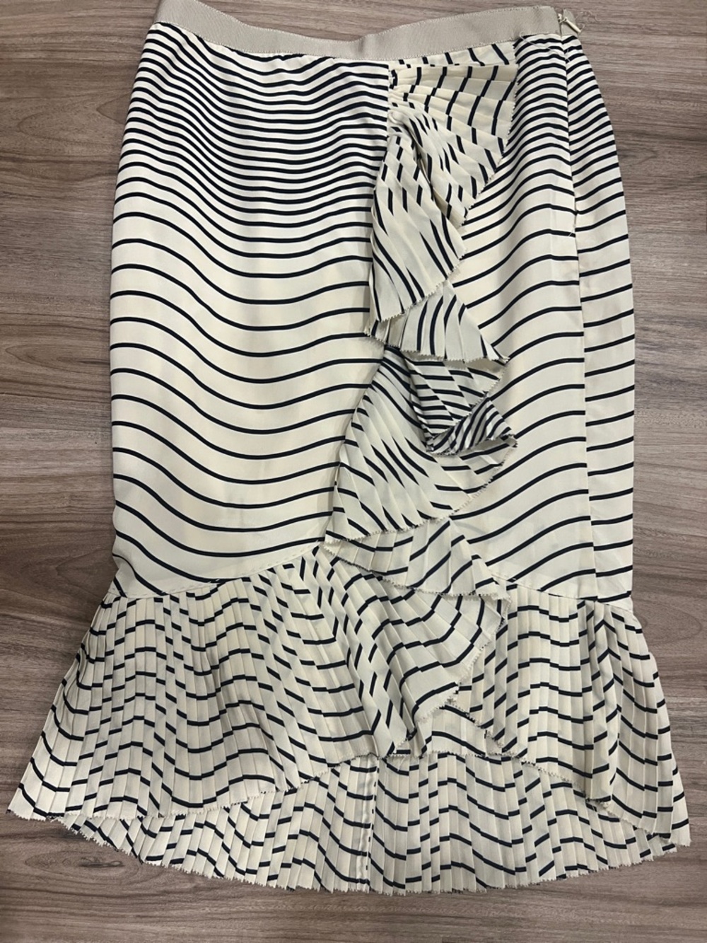 Tory Burch Cream and Black Striped Ruffle Midi Skirt